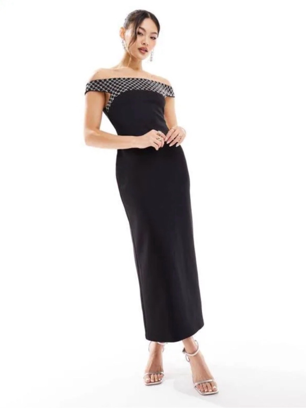 NWT ASOS Black Off-the-Shoulder Midi Dress with Embellished Trim